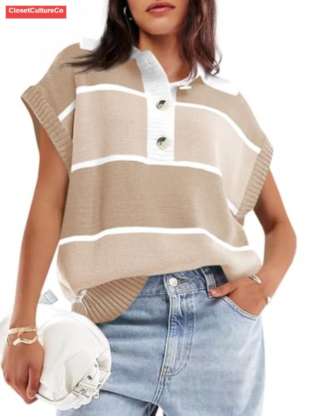 Women's V Neck Button Down Striped Short Sleeve Knit Sweater